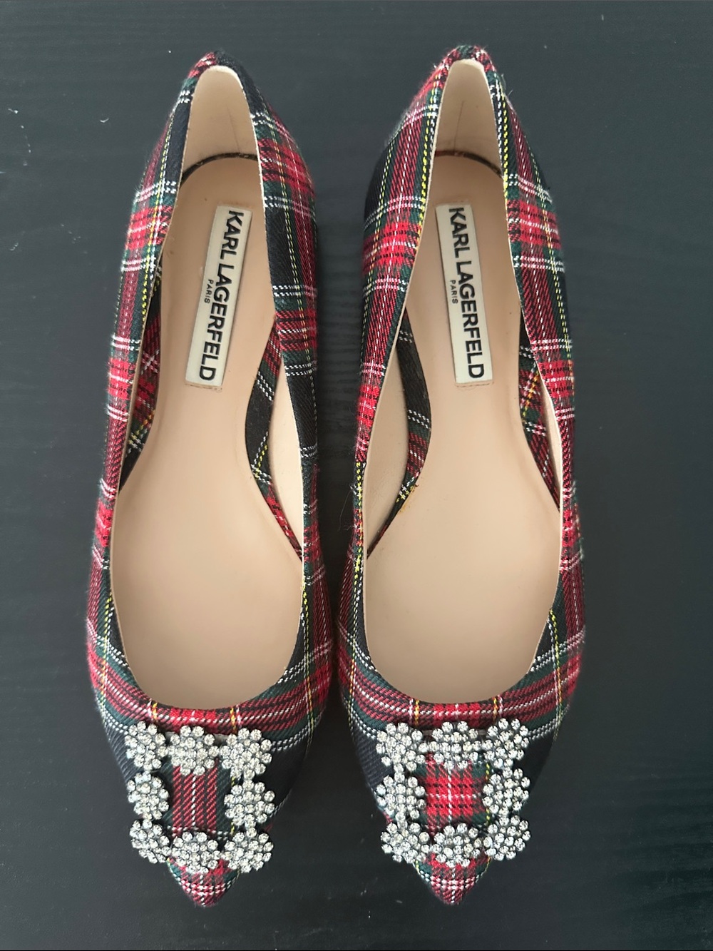 Karl Lagerfeld Red Plaid Pointed Flats with Crystal Buckle
